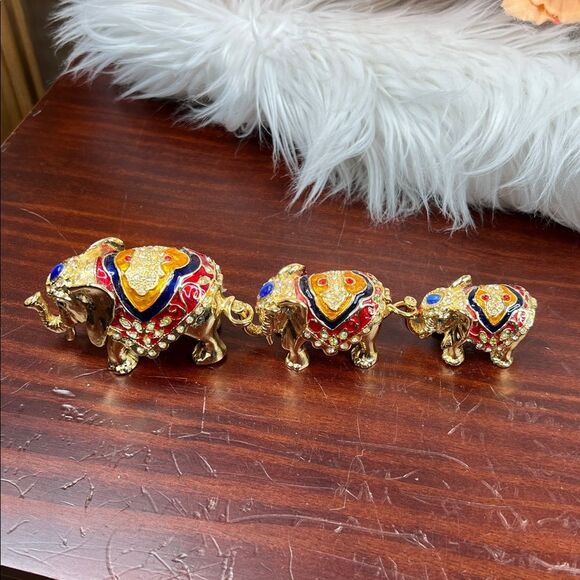 3 Qifu Elephant Family Trinket Box Set Enamel Rhinestone Jeweled Hinged - Picture 6 of 8